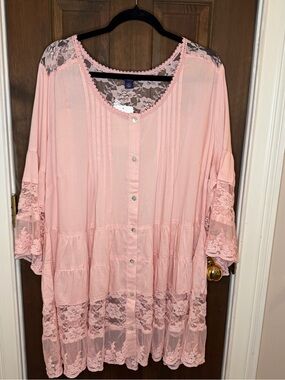 Roamans Plus Size 24W Pink Lace Tunic Blouse Boho Babydoll Tiered Peasant Dress